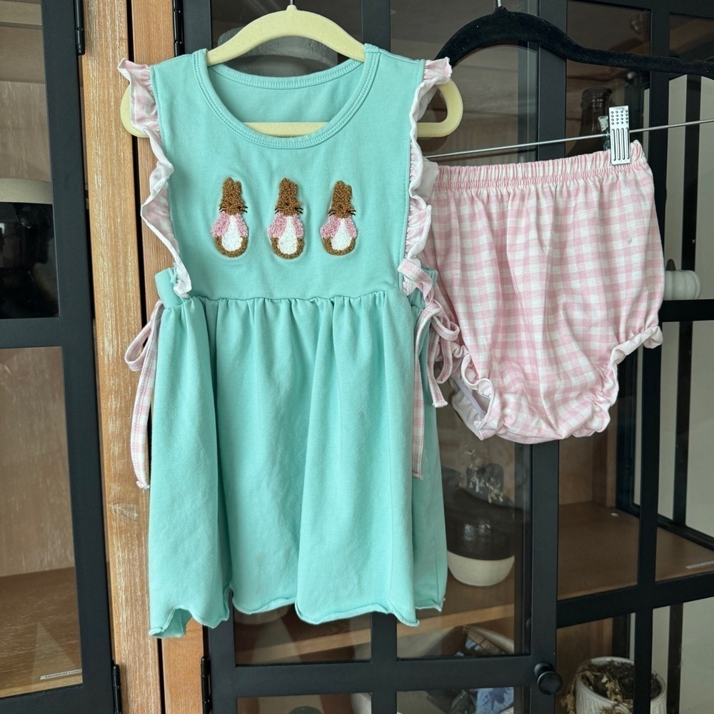 Bunnies French Knot set gingham bows peter rabbit Easter dress toddler shorts